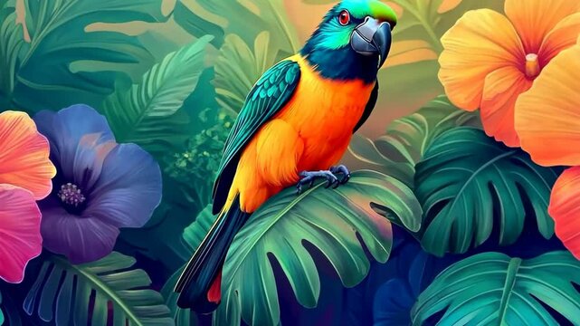 Colorful tropical parrot perched among vibrant jungle foliage in lush natural setting