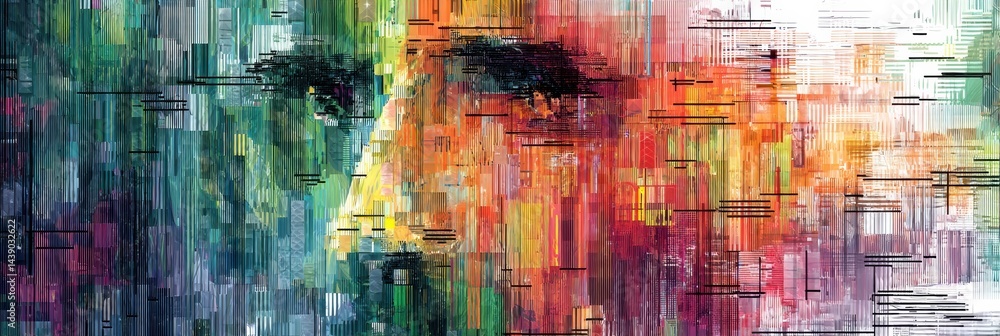 Poster abstract face composed of code and vibrant colors showcasing geometric patterns in a creative repres