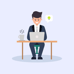 An illustration of a businessman sitting in front of a laptop, deep in thought, brainstorming new business ideas, symbolizing creativity, innovation, and strategic planning.