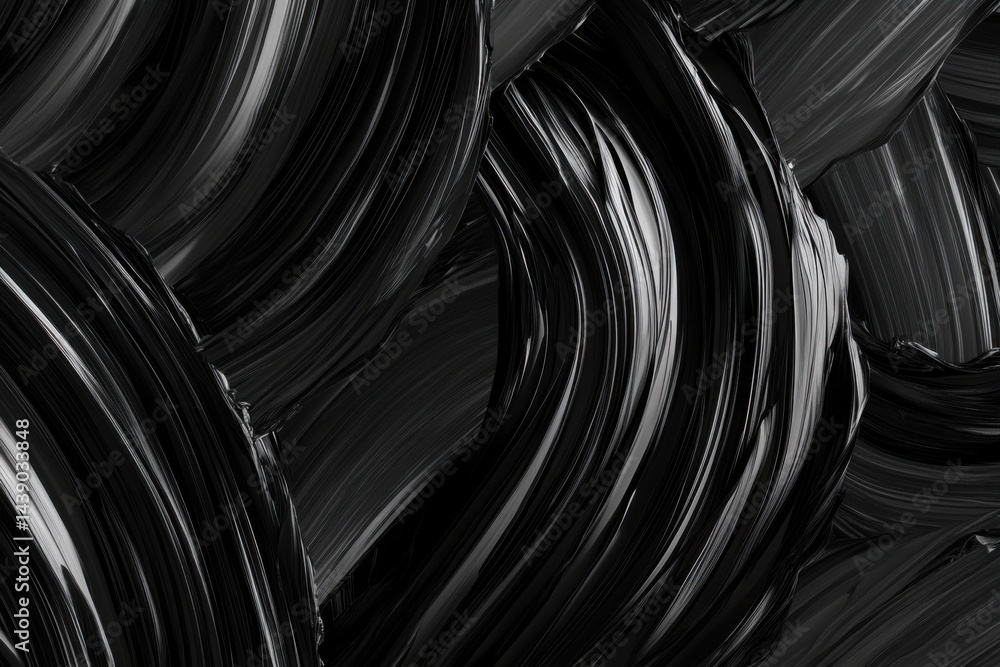 Poster abstract black paint strokes. intricate swirls and curves create a dynamic, textured surface. dark, 