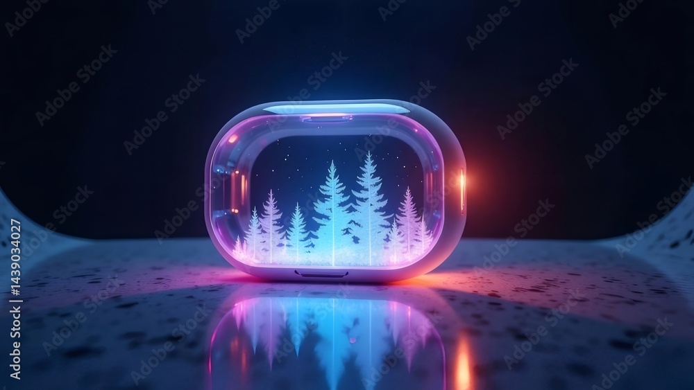 Poster サイバーパンクなデザインの輝く風景の立方体型オブジェクト夜空に雪の降る木のシルエットと光の反射