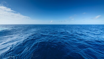 Obraz premium A vast, calm blue ocean stretches to the horizon under a clear sky with minimal clouds.