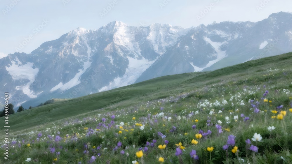 Aufkleber 緑豊かな草地と色とりどりの花が咲き乱れる山の風景 青空と雪を抱く山々のコントラスト 自然の美しさを捉えた爽やかな夏の情景