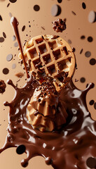 Delicious 3D chocolate waffles with dripping sauce & floating chips on a light background. Vibrant pop art style, sharp 4K-8K resolution, perfect for dessert labels & ads.