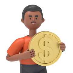 3D illustration of handsome man David holding a gold coin.Transparent Background Mockup.Supports PNG files with transparent backgrounds.