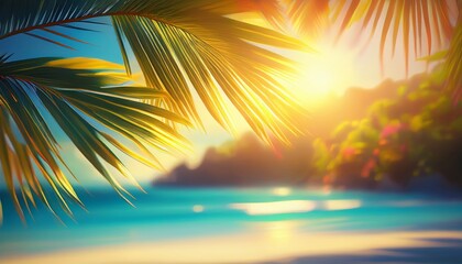 A under 200 characters: Sunlight filters through palm leaves on a tropical beach, illuminating turquoise waters and distant greenery for a serene, paradise-like scene.