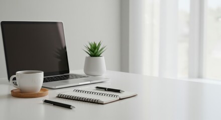 Modern workspace with laptop computer, coffee cup, small potted plant and office supplies