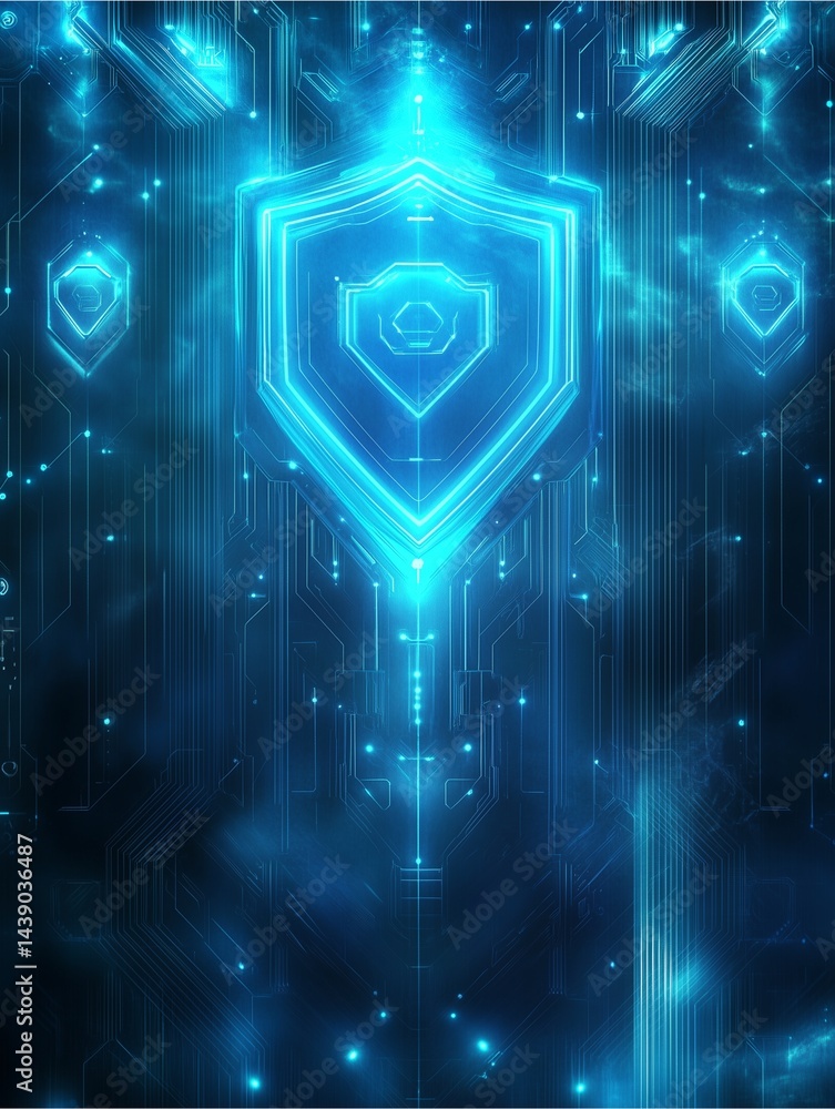 Poster digital shield: a futuristic representation of digital security, featuring a glowing shield icon ove