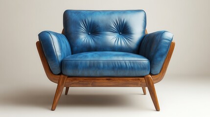 Modern Blue Leather Armchair with Wood Frame and Unique Design