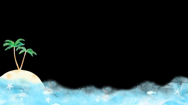 南の海に浮かぶ島の&alpha;付きフレーム。南国の爽やかな水彩ループアニメーション。