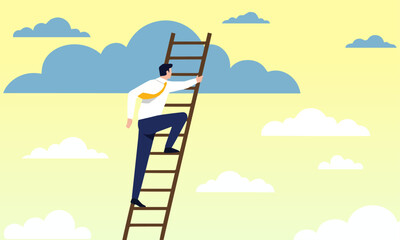 Businessman in white shirt, blue pants, yellow tie climbs a ladder into a light yellow, cloudy sky, symbolizing ambition and progress.
