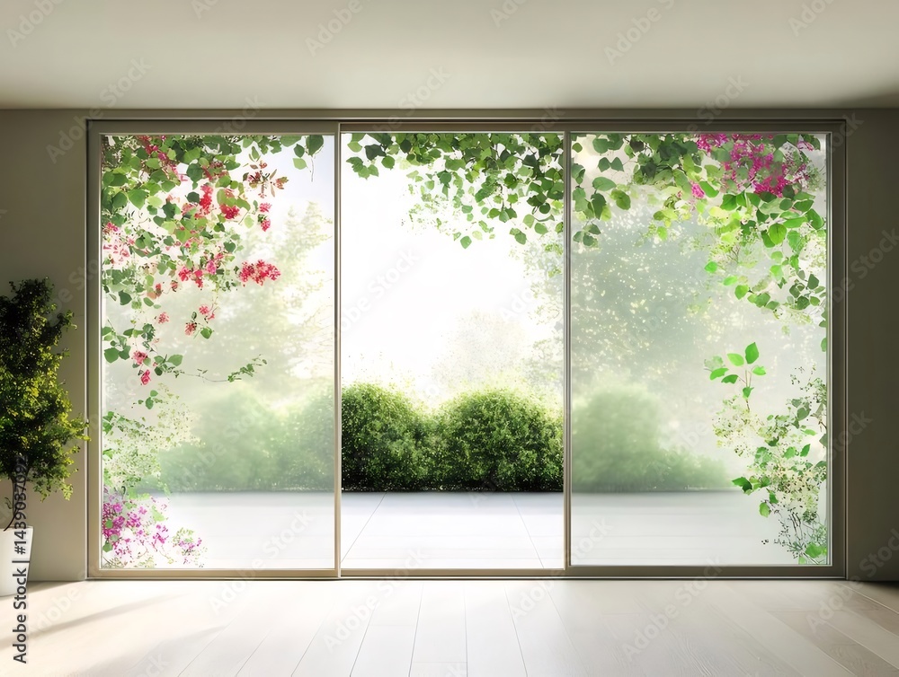 Aufkleber 屋内窓からの緑の葉とピンクの花が咲き誇る明るい庭の風景 無垢材の床と白い壁のモダンな家