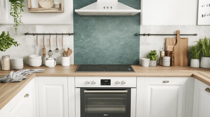 A modern, cozy kitchen design with a teal accent wall.
