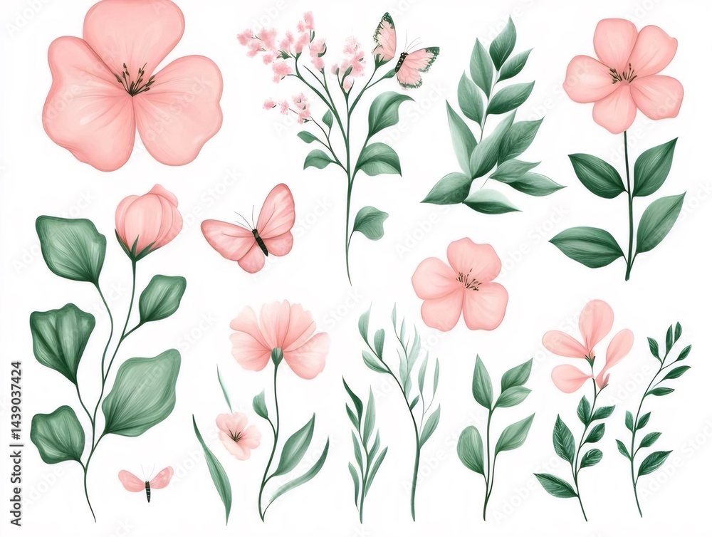 Aufkleber 水彩画のピンクの花と蝶と緑の葉の植物イラスト集 白い背景の美しい自然要素