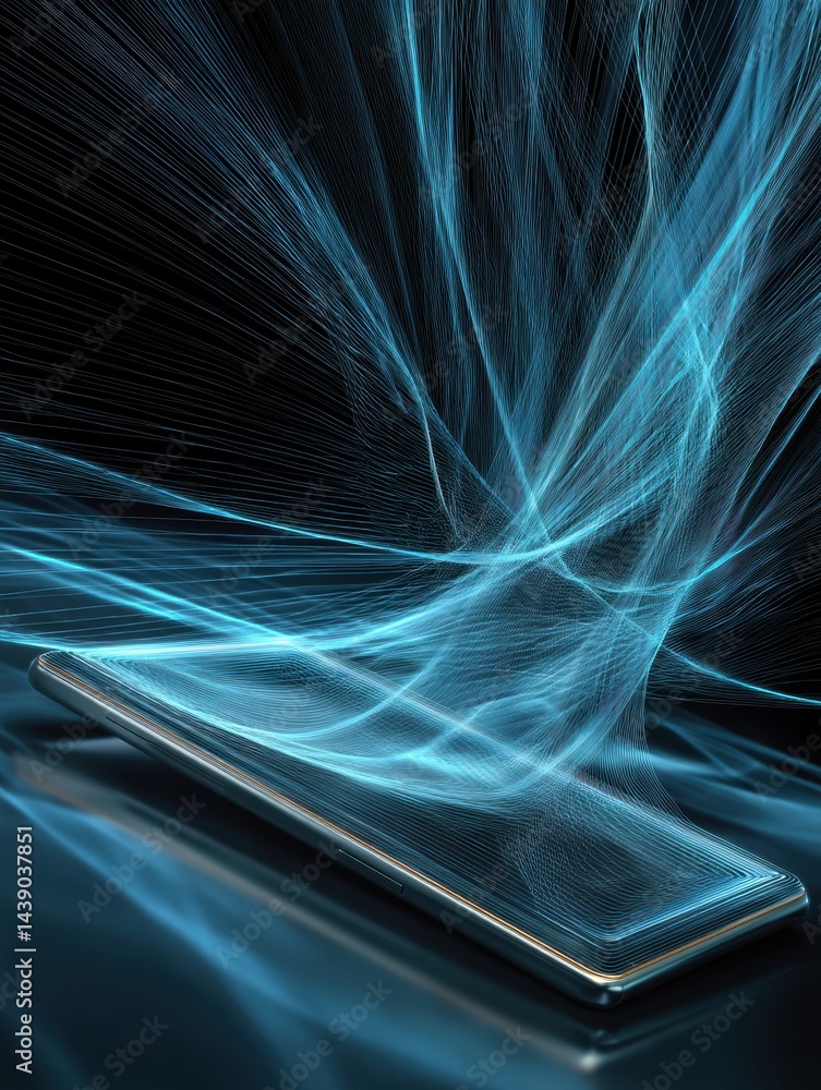 Poster abstract 3d render showcases smartphone surfacing from a vibrant digital wave of blue light in a mod