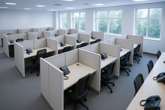 Rows of empty cubicles with telephones and office chairs in bright spacious call center workspace