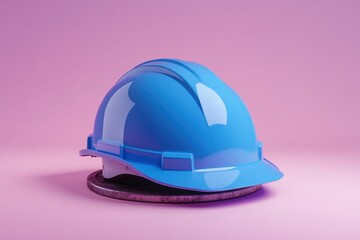 Fototapeta premium Bright blue safety helmet resting on a circular platform.