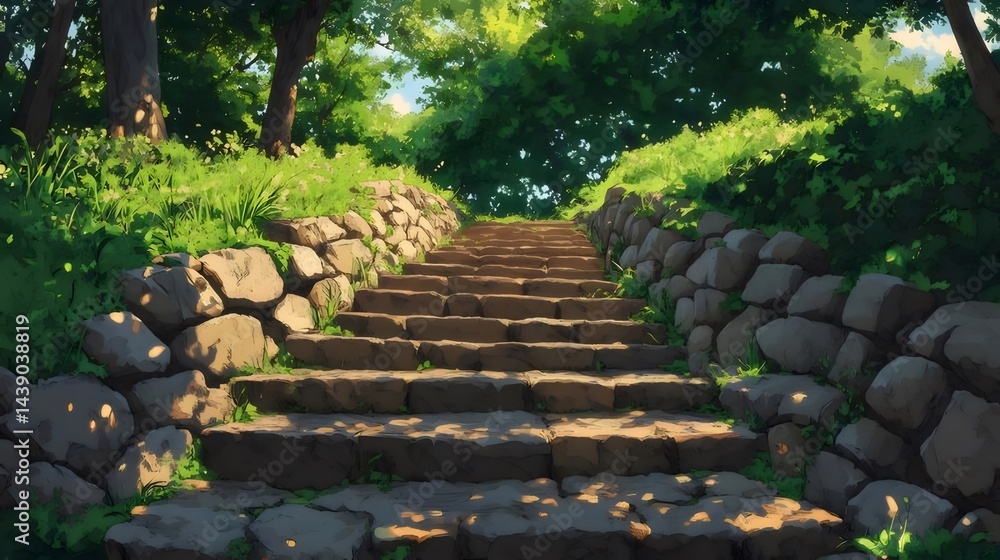Aufkleber 石段を登る緑豊かな風景 夏の日差しと木漏れ日の中 自然の美しさと静寂を感じる石畳の道