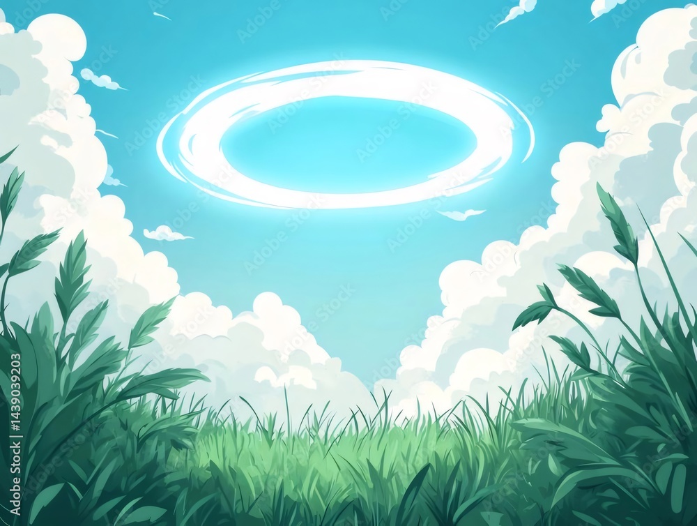 Poster 青空と輝く光の輪 鮮やかな緑の草地の風景画 雲が浮かぶ夏の昼間の情景