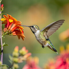 Fototapeta premium a hummingbird is flying near a flower