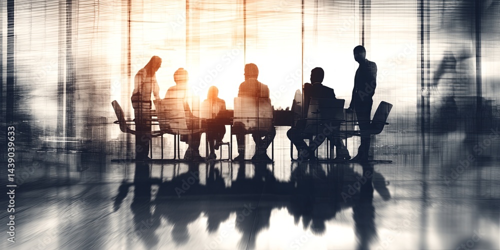 Leinwandbilder group of professionals engaged in meeting silhouette with light reflection through glass windows cre