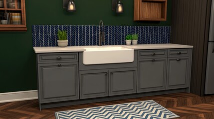 Modern gray kitchen cabinetry with a navy blue backsplash.