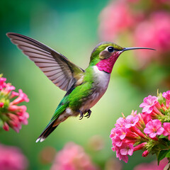 Fototapeta premium a hummingbird with a green head and pink