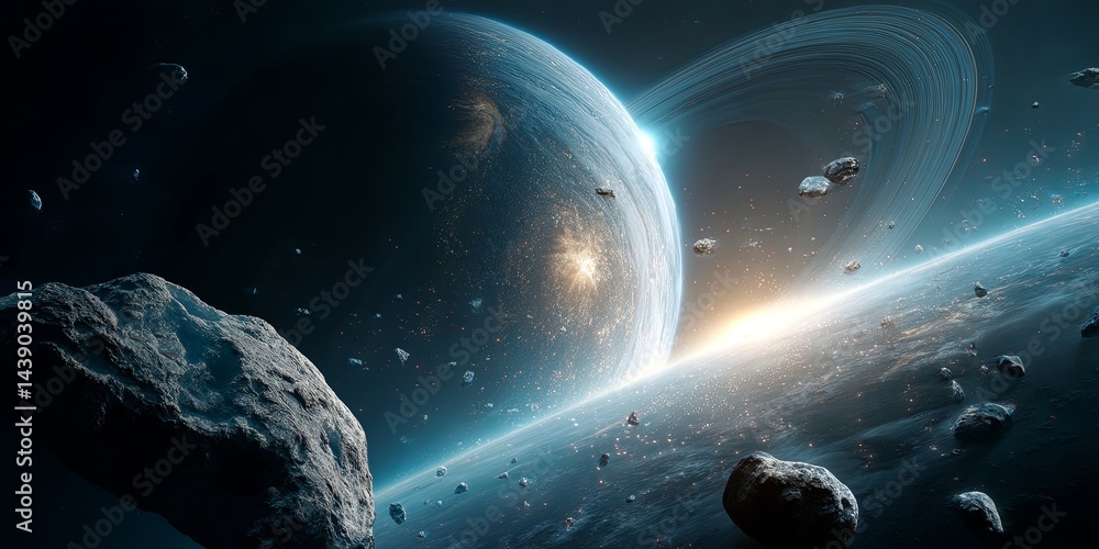 Poster stunning cosmic scene of planets, asteroids, and ethereal light in vast universe with deep space bac