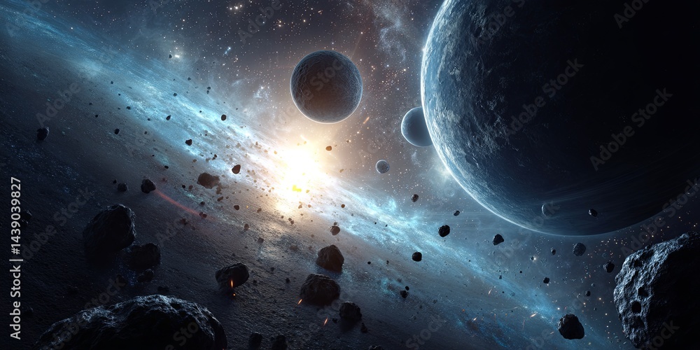 Poster stunning cosmic scene of planets, asteroids, and ethereal light in vast universe with deep space bac