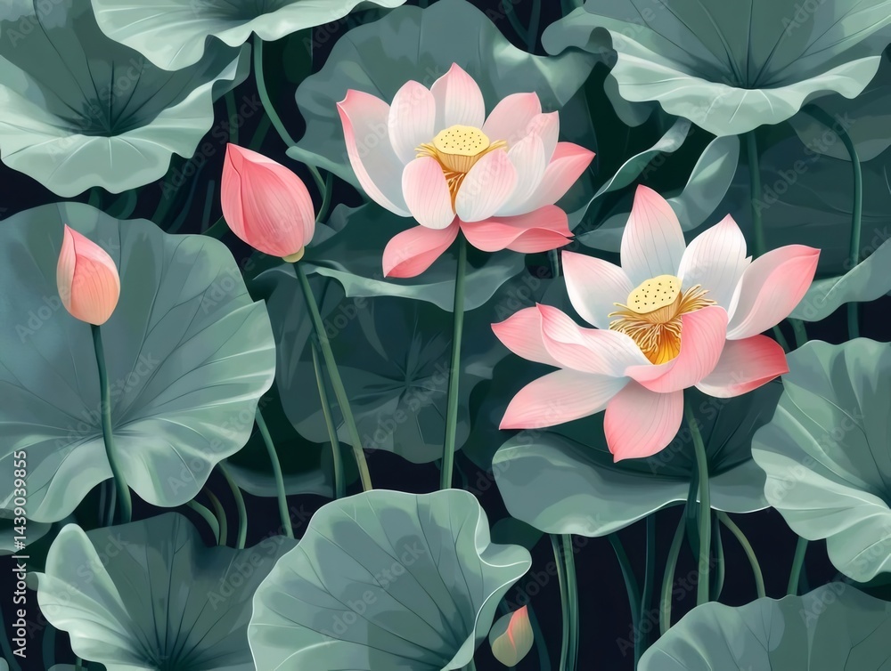 Aufkleber ピンク色のハスの花のイラスト 暗い背景と緑色の葉 水面と咲く姿を鮮やかに描く