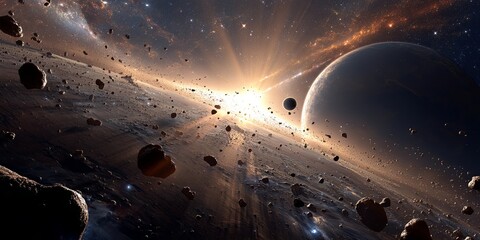 Stunning Cosmic Scene of Planets, Asteroids, and Ethereal Light in Vast Universe with Deep Space Background and Celestial Elements