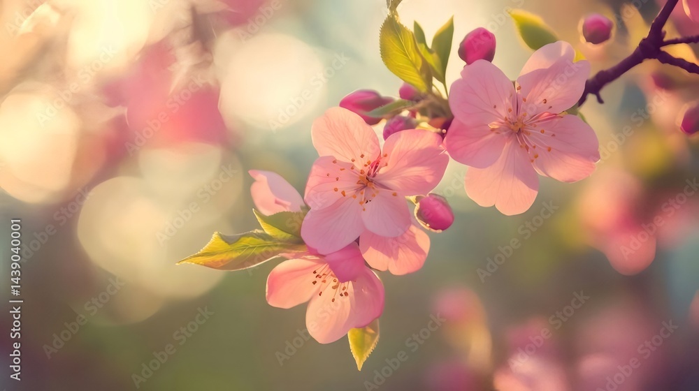 Aufkleber ピンクの花びらの桜のクローズアップ 太陽光の中で輝く背景ボケのある鮮やかな春の自然