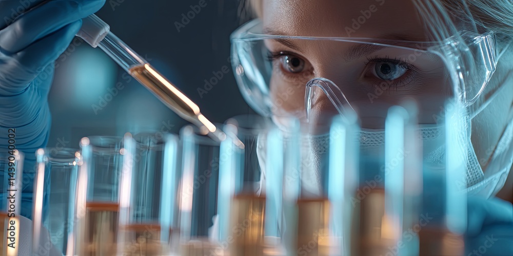 Poster female scientist conducts experiment with test tubes and pipette in modern laboratory environment fo