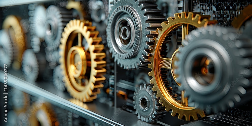 Poster Abstract concept of interconnected gears and cogs symbolizing machinery, teamwork, engineering, productivity, and technology in a modern server room setting