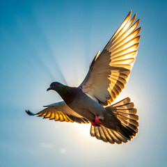 Fototapeta premium a pigeon flying in the air with the sun shining