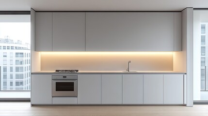 Fototapeta premium Modern minimalist kitchen with city views, illuminated by soft light.