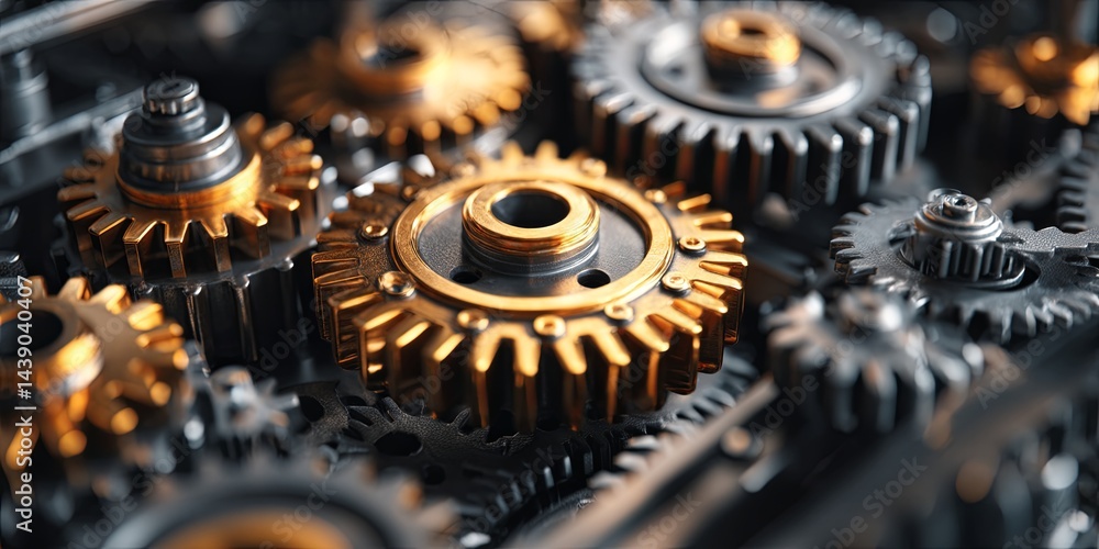 Poster Abstract concept of interconnected gears and cogs symbolizing machinery, teamwork, engineering, productivity, and technology in a modern server room setting
