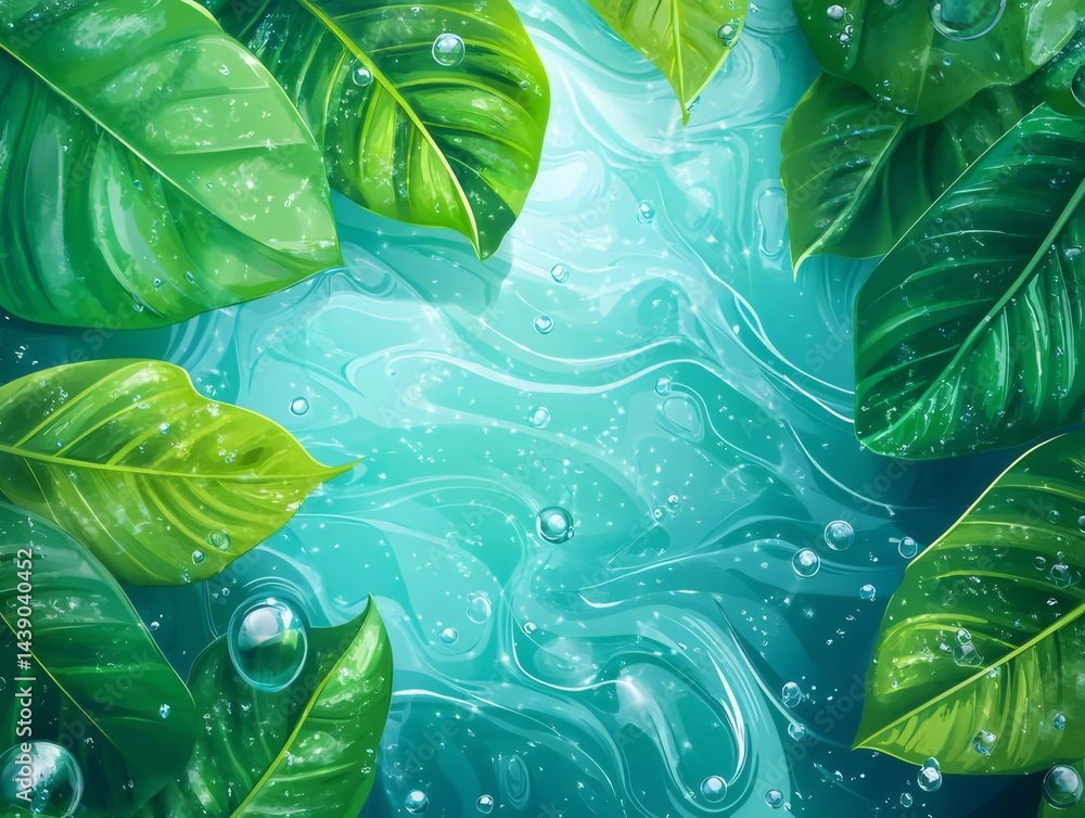 Poster 水滴と葉の鮮やかな緑色と青色の抽象的な背景イメージ 水面と水玉模様のデザイン 自然のフレッシュなイメージ