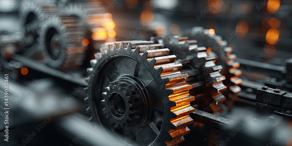 Aufkleber Abstract concept of interconnected gears and cogs symbolizing machinery, teamwork, engineering, productivity, and technology in a modern server room setting