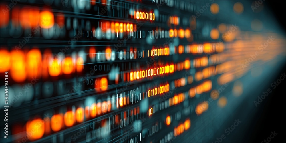 Poster Abstract digital coding background with glowing binary data displaying in a futuristic environment, showcasing technological innovation and programming concepts