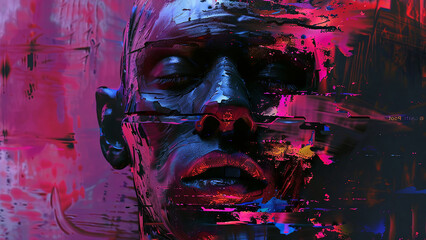 Large paint strokes. Face in glitch art style. Image to attract attention in banner ads. Generated AI.