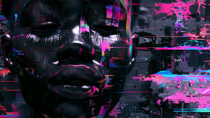 Large paint strokes. Face in glitch art style. Image to attract attention in banner ads. Generated AI.