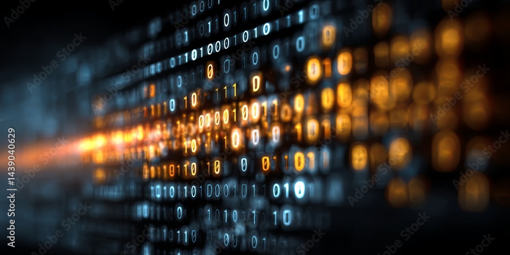 Poster Abstract digital coding background with glowing binary data displaying in a futuristic environment, showcasing technological innovation and programming concepts