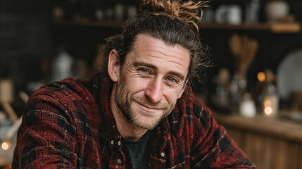 Happy man smiling at home, warm and relaxed vibe