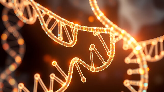 A glowing, artistic representation of chromosomes spiraling and aligning to represent the process of genetic recombination. 238
