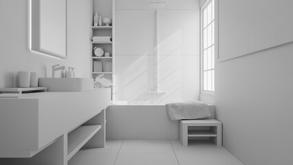 The warm minimalist bathroom with a large mirror and a window. The bathroom has a modern design with a grey tile floor and a grey sink. Premium photo 3d render.