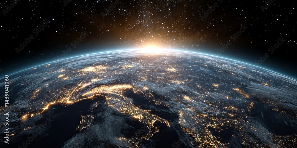 Poster stunning earth perspective with starry background and bright lights illustrating global connectivity