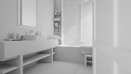 The warm minimalist bathroom with a large mirror and a window. The bathroom has a modern design with a grey tile floor and a grey sink. Premium photo 3d render.