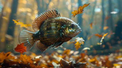 Fototapeta premium Pumpkinseed Sunfish Among Autumn Leaves in Forest Stream