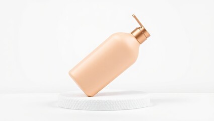 Beige plastic bottle with rose gold pump, tilted on white platform